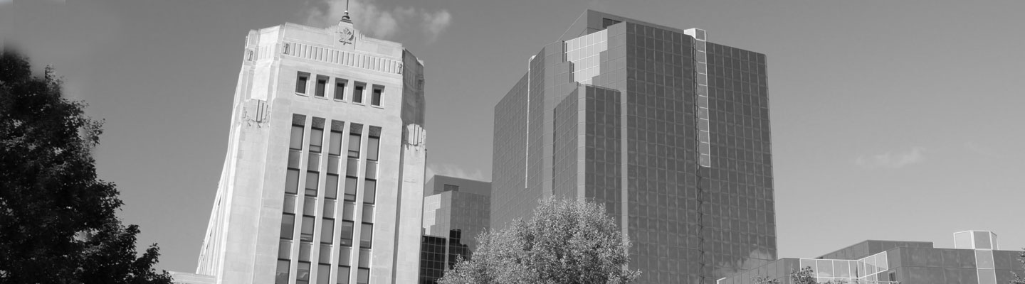 Public park in front of grey and blue office buildings