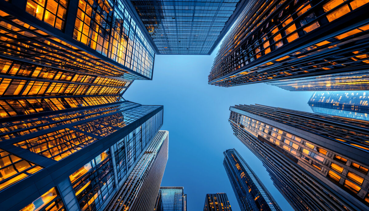 aerial view of high rise office buildings