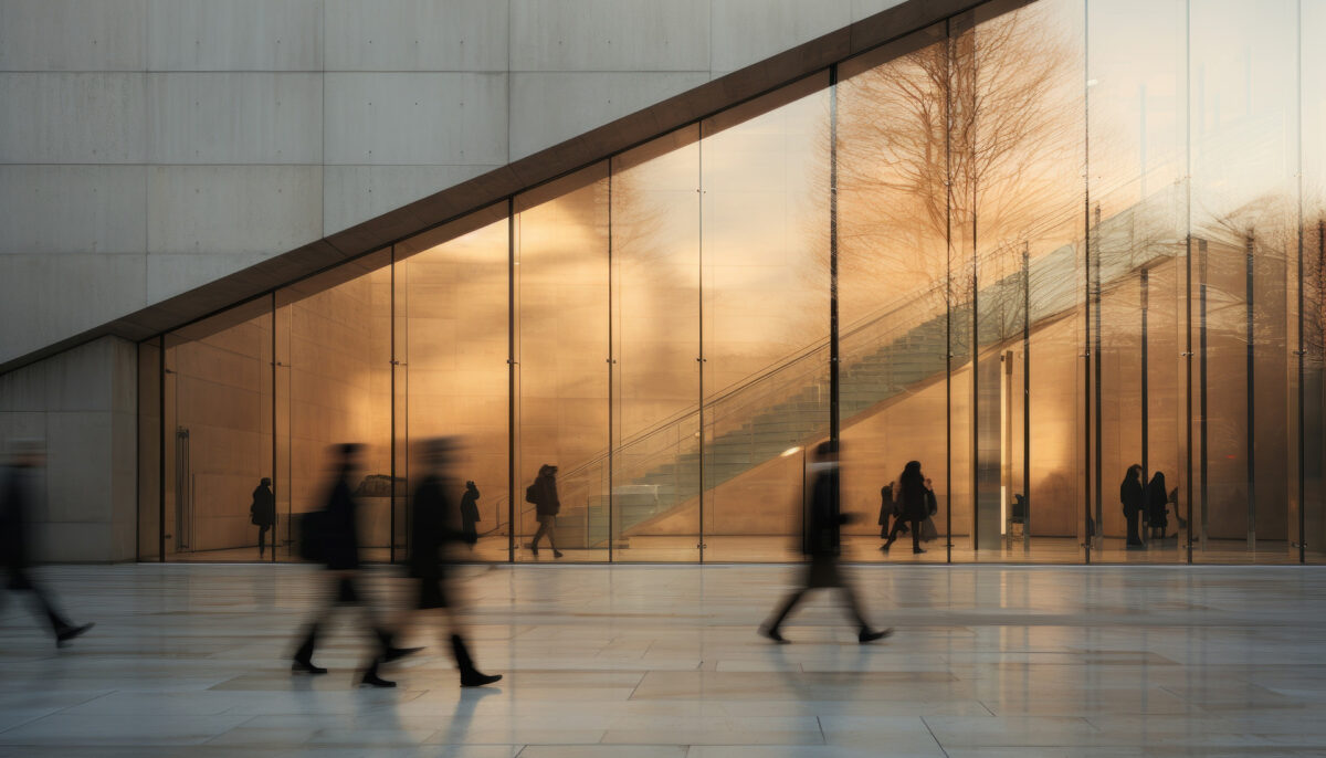 people walking in front of a building lobby