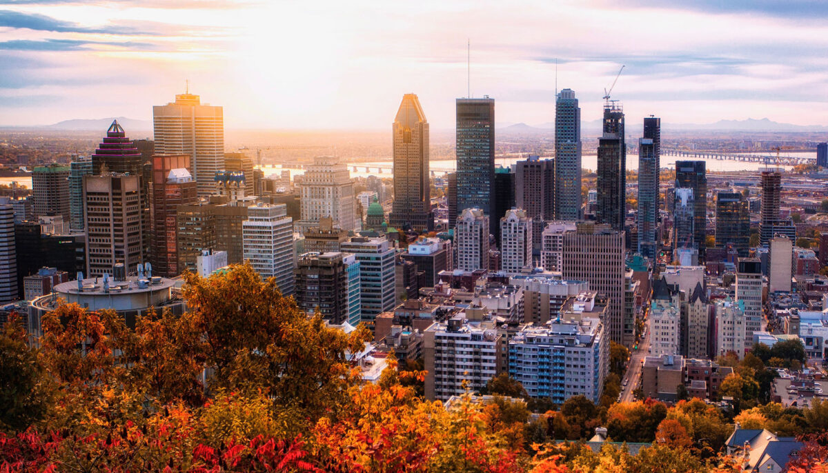 Montreal sunrise with colourful fall folliage